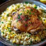 One pot chicken lemon rice - the image shows a plate of food with a whole chicken on top of a bed of yellow rice. the chicken is golden brown and appears to be seasoned with herbs and spices. the rice is fluffy and yellow, and there are small pieces of lemon scattered throughout the dish. the plate is brown and has a rustic design. in the background, there are two lemons and a sprig of parsley. the overall color scheme of the image is warm and inviting.