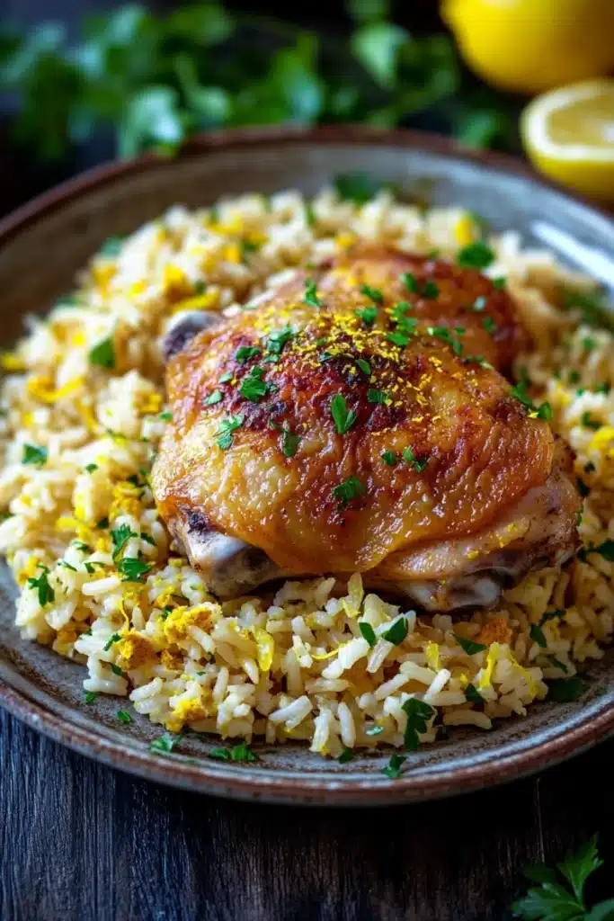 One pot chicken lemon rice - the image shows a plate of food with a whole chicken on top of a bed of yellow rice. the chicken is golden brown and appears to be seasoned with herbs and spices. the rice is fluffy and yellow, and there are small pieces of lemon scattered throughout the dish. the plate is brown and has a rustic design. in the background, there are two lemons and a sprig of parsley. the overall color scheme of the image is warm and inviting.