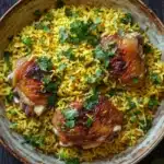 One pot chicken lemon rice - the image shows a bowl of yellow rice with two pieces of chicken on top. the chicken is cooked to a golden brown color and appears to be seasoned with herbs and spices. the rice is fluffy and yellow, and there are a few sprigs of cilantro scattered around the bowl. the bowl is made of ceramic and has a brown rim. the background is a dark wooden table.