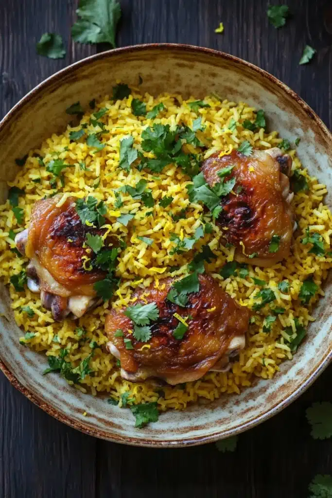 One pot chicken lemon rice - the image shows a bowl of yellow rice with two pieces of chicken on top. the chicken is cooked to a golden brown color and appears to be seasoned with herbs and spices. the rice is fluffy and yellow, and there are a few sprigs of cilantro scattered around the bowl. the bowl is made of ceramic and has a brown rim. the background is a dark wooden table.