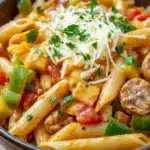 One pot chicken sausage cajun pasta - the image is a close-up of a bowl of pasta dish. the pasta appears to be penne, which is a type of penne pasta, and is cooked in a tomato-based sauce. the sauce is a creamy orange color and is topped with chunks of sausage, red bell peppers, and green onions. the dish is garnished with a sprig of fresh parsley. the bowl is made of dark brown ceramic and is sitting on a wooden table. the background is blurred, but it seems to be a kitchen countertop.