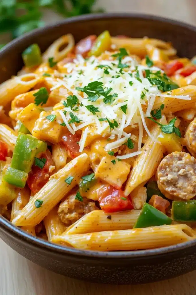 One pot chicken sausage cajun pasta - the image is a close-up of a bowl of pasta dish. the pasta appears to be penne, which is a type of penne pasta, and is cooked in a tomato-based sauce. the sauce is a creamy orange color and is topped with chunks of sausage, red bell peppers, and green onions. the dish is garnished with a sprig of fresh parsley. the bowl is made of dark brown ceramic and is sitting on a wooden table. the background is blurred, but it seems to be a kitchen countertop.