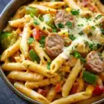 One pot chicken sausage cajun pasta - the image is a close-up of a bowl of pasta dish. the pasta appears to be penne, which is a type of penne pasta. it is cooked al dente and is topped with chunks of sausage, red bell peppers, and green onions. the dish is garnished with chopped parsley and a dollop of melted cheese. the bowl is sitting on a dark grey countertop with a few sprigs of parsley scattered around. the background is blurred, but it seems to be a kitchen countertop.