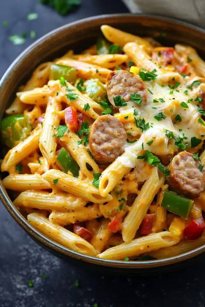One pot chicken sausage cajun pasta - the image is a close-up of a bowl of pasta dish. the pasta appears to be penne, which is a type of penne pasta. it is cooked al dente and is topped with chunks of sausage, red bell peppers, and green onions. the dish is garnished with chopped parsley and a dollop of melted cheese. the bowl is sitting on a dark grey countertop with a few sprigs of parsley scattered around. the background is blurred, but it seems to be a kitchen countertop.