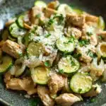 One pot chicken zucchini - the image is a close-up of a dish in a gray bowl. the dish appears to be a pasta dish with chunks of chicken, zucchini, and onions mixed in with a creamy sauce. the chicken is cooked to a golden brown color and is garnished with chopped herbs and grated parmesan cheese. the zucchinis are bright green and look fresh and juicy. the onions are thin and yellow, and the dish is drizzled with a light dressing. the bowl is sitting on a dark wooden table with a few sprigs of parsley scattered around.