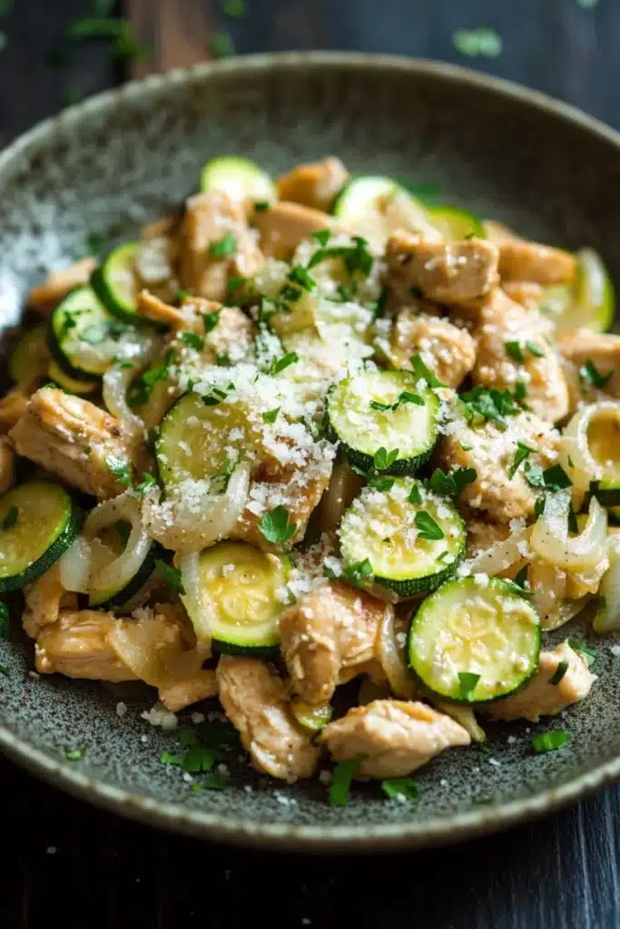 One pot chicken zucchini - the image is a close-up of a dish in a gray bowl. the dish appears to be a pasta dish with chunks of chicken, zucchini, and onions mixed in with a creamy sauce. the chicken is cooked to a golden brown color and is garnished with chopped herbs and grated parmesan cheese. the zucchinis are bright green and look fresh and juicy. the onions are thin and yellow, and the dish is drizzled with a light dressing. the bowl is sitting on a dark wooden table with a few sprigs of parsley scattered around.