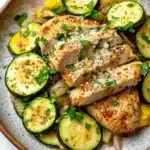 One pot chicken zucchini - the image is a close-up of a plate of food. the plate is round and has a light brown color with a speckled pattern. on top of the plate, there are several pieces of grilled chicken, which are golden brown and appear to be seasoned with herbs and spices. the chicken is cut into thin slices and is arranged in a pile on top of a bed of sliced zucchini and yellow bell peppers. there are also some chopped herbs scattered throughout the dish, adding a pop of green color to the plate. the background is white, making the colors of the food stand out.