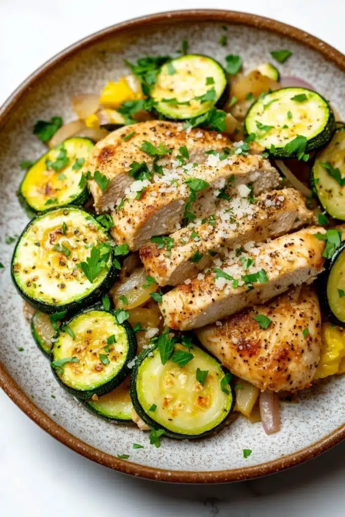 One pot chicken zucchini - the image is a close-up of a plate of food. the plate is round and has a light brown color with a speckled pattern. on top of the plate, there are several pieces of grilled chicken, which are golden brown and appear to be seasoned with herbs and spices. the chicken is cut into thin slices and is arranged in a pile on top of a bed of sliced zucchini and yellow bell peppers. there are also some chopped herbs scattered throughout the dish, adding a pop of green color to the plate. the background is white, making the colors of the food stand out.