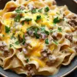 One pot creamy beef and noodles - the image shows a plate of tagliatelle pasta dish. the pasta is cooked al dente and is topped with a creamy sauce and chunks of ground beef. the sauce is a light yellow color and appears to be thick and creamy. the dish is garnished with a sprig of fresh parsley. the plate is brown and is sitting on a dark grey countertop.