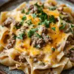 One pot creamy beef and noodles - the image shows a plate of tagliatelle pasta with a creamy sauce and chunks of ground beef. the pasta is cooked al dente and is topped with melted cheese and chopped parsley. the dish is served on a dark brown plate with a rustic wooden table in the background. the overall color scheme of the dish is warm and inviting.