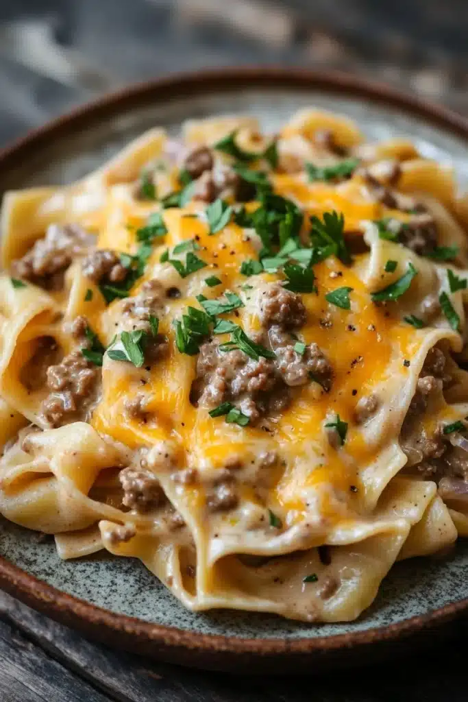 One pot creamy beef and noodles - the image shows a plate of tagliatelle pasta with a creamy sauce and chunks of ground beef. the pasta is cooked al dente and is topped with melted cheese and chopped parsley. the dish is served on a dark brown plate with a rustic wooden table in the background. the overall color scheme of the dish is warm and inviting.