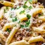 One pot creamy garlic butter beef pasta - the image is a close-up of a bowl of penne pasta. the pasta is cooked al dente and is topped with a creamy sauce and chunks of ground meat. the sauce is a light brown color and appears to be thick and creamy. the dish is garnished with chopped parsley and a dollop of parmesan cheese. the bowl is made of dark brown ceramic and is sitting on a wooden table. the background is blurred, making the pasta the focal point of the image.