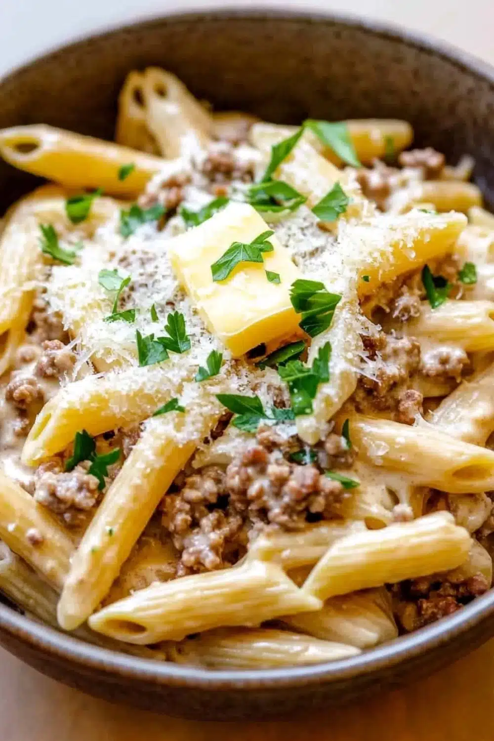 One pot creamy garlic butter beef pasta - the image is a close-up of a bowl of penne pasta. the pasta is cooked al dente and is topped with a creamy sauce and chunks of ground meat. the sauce is a light brown color and appears to be thick and creamy. the dish is garnished with chopped parsley and a dollop of parmesan cheese. the bowl is made of dark brown ceramic and is sitting on a wooden table. the background is blurred, making the pasta the focal point of the image.