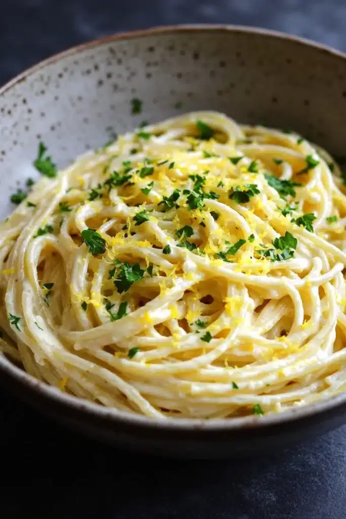 One pot creamy lemon pasta - the image is a close-up of a bowl of spaghetti. the spaghetti is cooked al dente and is covered in a creamy sauce. the sauce appears to be a light yellow color and is drizzled over the top of the spaghetti. there are small pieces of lemon zest scattered throughout the dish, adding a pop of green color to the dish. the bowl is made of ceramic and has a speckled pattern on the sides. the background is dark, making the spaghetti stand out.