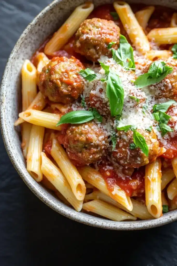 One pot pasta and meatballs - the image is a close-up of a bowl of penne pasta with meatballs and tomato sauce. the pasta is cooked al dente and is topped with a generous amount of tomato sauce and sprinkled with grated parmesan cheese. the meatballs are golden brown and appear to be seasoned with herbs and spices. the dish is garnished with fresh basil leaves. the bowl is sitting on a dark grey surface.