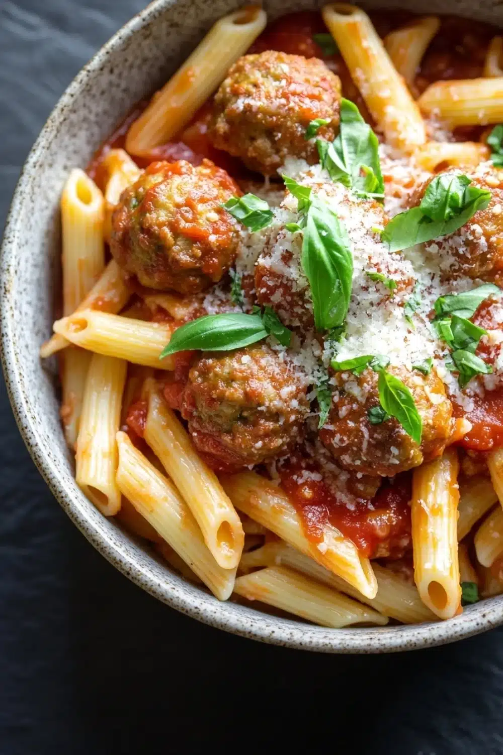 One pot pasta and meatballs - the image is a close-up of a bowl of penne pasta with meatballs and tomato sauce. the pasta is cooked al dente and is topped with a generous amount of tomato sauce and sprinkled with grated parmesan cheese. the meatballs are golden brown and appear to be seasoned with herbs and spices. the dish is garnished with fresh basil leaves. the bowl is sitting on a dark grey surface.