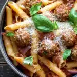 One pot pasta and meatballs - the image shows a bowl of penne pasta with meatballs and tomato sauce. the pasta is cooked al dente and is topped with grated parmesan cheese. the meatballs are browned and appear to be seasoned with herbs and spices. the dish is garnished with fresh basil leaves. the bowl is sitting on a wooden table.