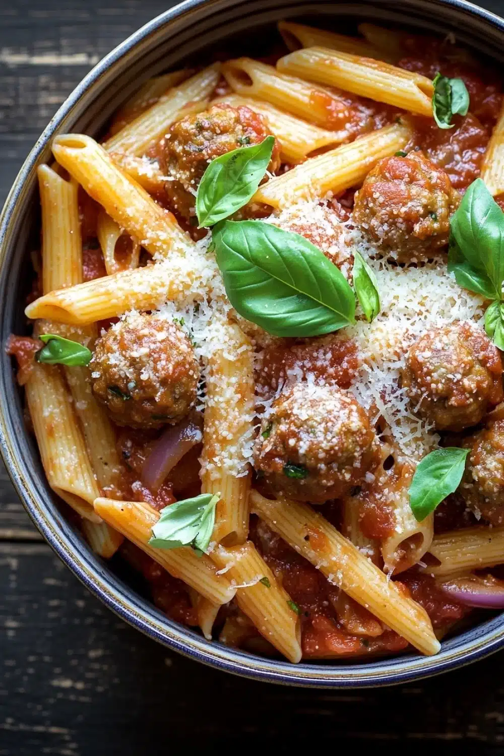 One pot pasta and meatballs - the image shows a bowl of penne pasta with meatballs and tomato sauce. the pasta is cooked al dente and is topped with grated parmesan cheese. the meatballs are browned and appear to be seasoned with herbs and spices. the dish is garnished with fresh basil leaves. the bowl is sitting on a wooden table.