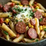 One pot pasta kielbasa - the image is a close-up of a bowl of pasta dish. the pasta appears to be penne, which is a type of penne pasta, and is cooked in a tomato-based sauce. the dish is garnished with chopped parsley and grated parmesan cheese. there are also chunks of sausage, corn, and red bell peppers mixed in with the pasta. the bowl is black and is sitting on a wooden table. the background is blurred, but it seems to be a kitchen countertop.