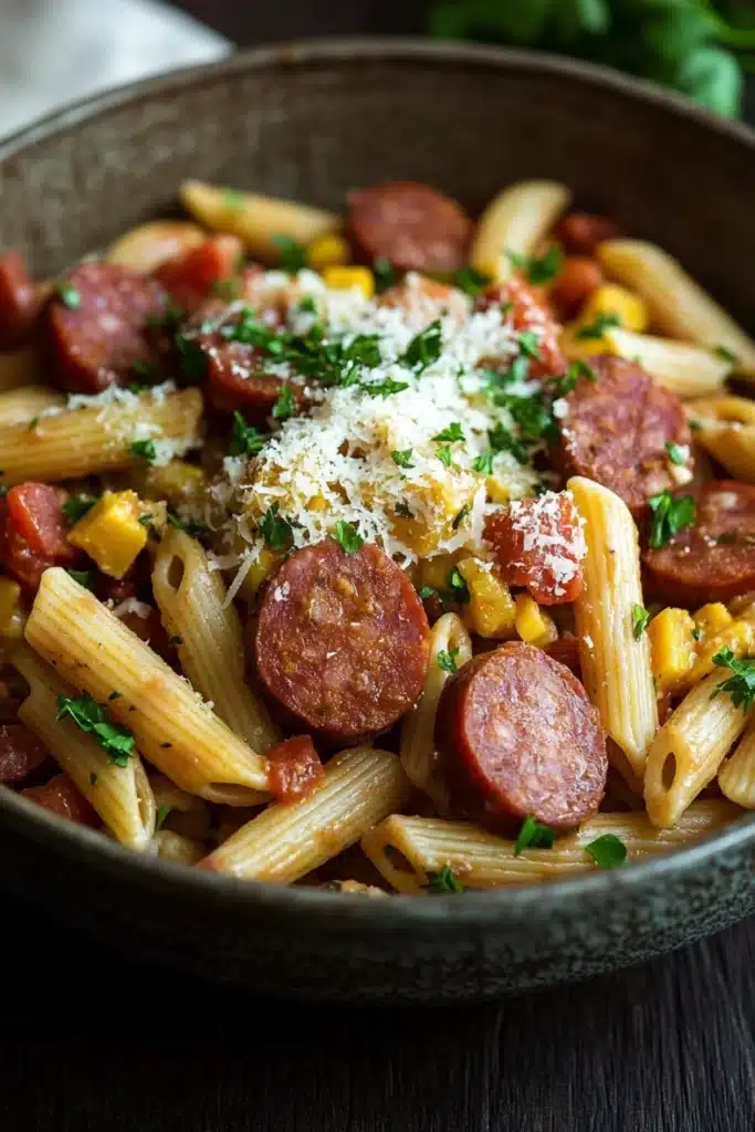 One pot pasta kielbasa - the image is a close-up of a bowl of pasta dish. the pasta appears to be penne, which is a type of penne pasta, and is cooked in a tomato-based sauce. the dish is garnished with chopped parsley and grated parmesan cheese. there are also chunks of sausage, corn, and red bell peppers mixed in with the pasta. the bowl is black and is sitting on a wooden table. the background is blurred, but it seems to be a kitchen countertop.