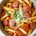 One pot pasta kielbasa - the image is a close-up of a bowl of pasta dish. the pasta appears to be penne, which is a type of penne pasta, and it is cooked in a tomato-based sauce with chunks of sausage, corn, and other vegetables. the dish is garnished with chopped parsley and grated parmesan cheese. the bowl is sitting on a white marble countertop.