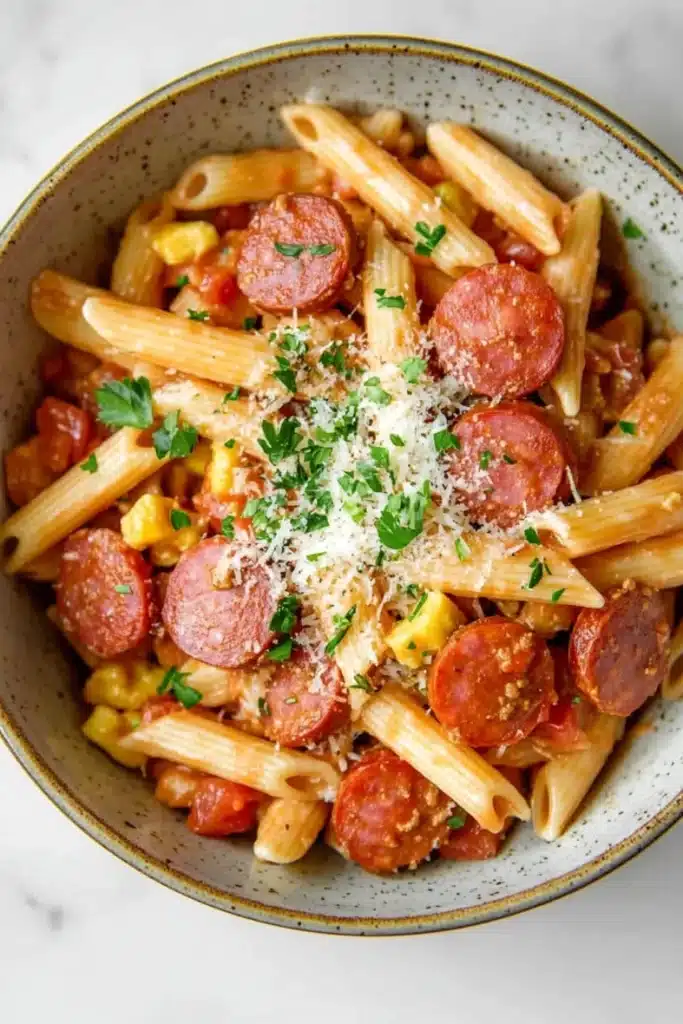 One pot pasta kielbasa - the image is a close-up of a bowl of pasta dish. the pasta appears to be penne, which is a type of penne pasta, and it is cooked in a tomato-based sauce with chunks of sausage, corn, and other vegetables. the dish is garnished with chopped parsley and grated parmesan cheese. the bowl is sitting on a white marble countertop.