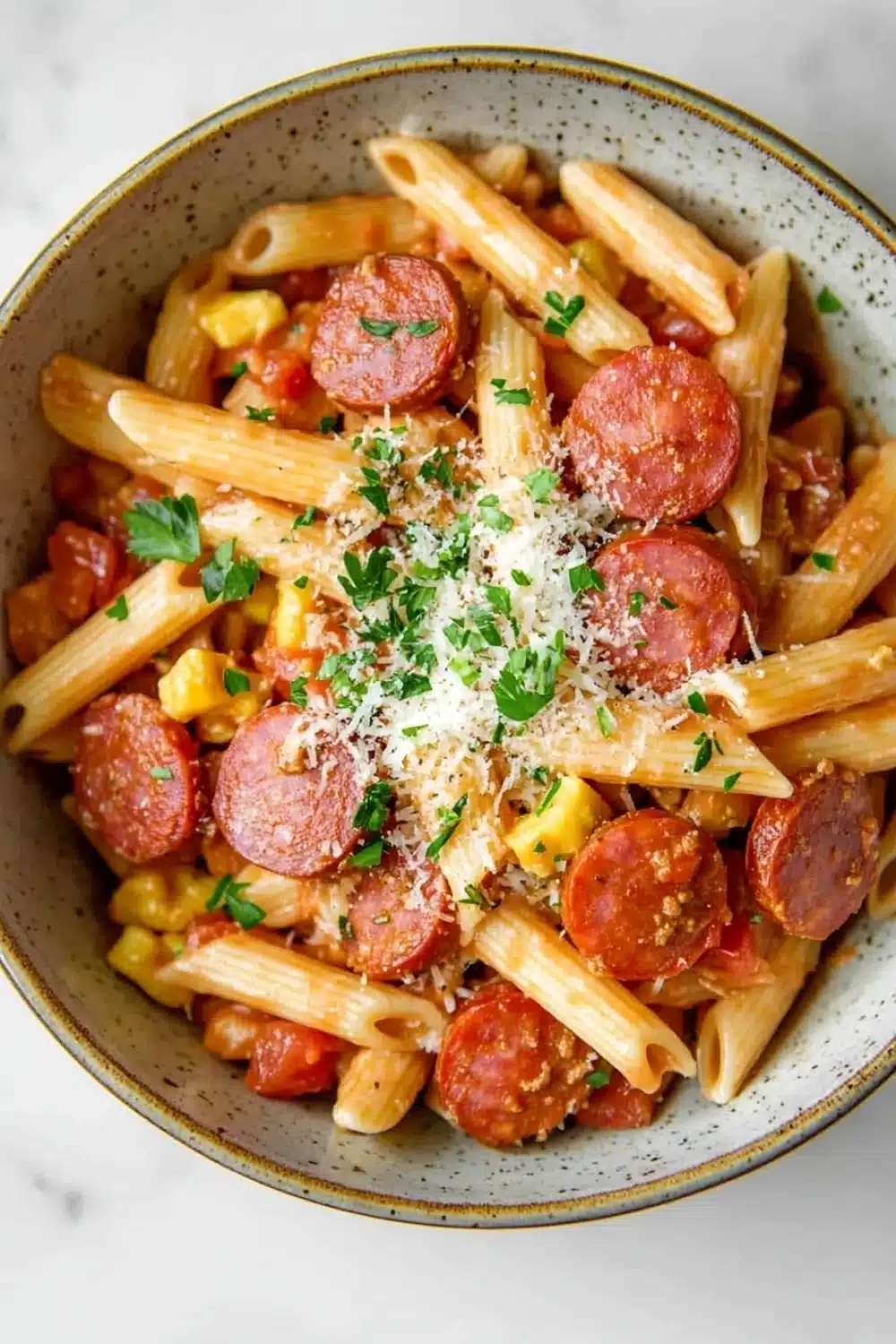 One pot pasta kielbasa - the image is a close-up of a bowl of pasta dish. the pasta appears to be penne, which is a type of penne pasta, and it is cooked in a tomato-based sauce with chunks of sausage, corn, and other vegetables. the dish is garnished with chopped parsley and grated parmesan cheese. the bowl is sitting on a white marble countertop.