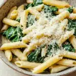 One pot pasta spinach - the image is a close-up of a bowl of pasta dish. the pasta appears to be penne or penne, and it is cooked al dente. the dish is garnished with fresh spinach leaves and grated parmesan cheese. the bowl is made of ceramic and has a light brown color. the background is a beige-colored tablecloth.