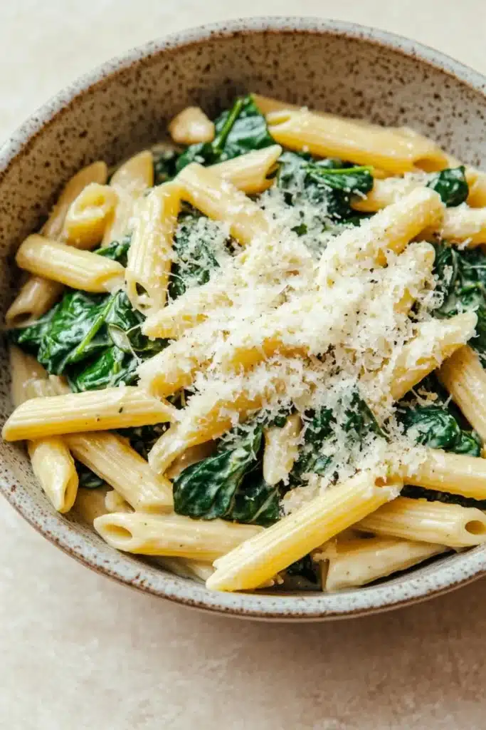 One pot pasta spinach - the image is a close-up of a bowl of pasta dish. the pasta appears to be penne or penne, and it is cooked al dente. the dish is garnished with fresh spinach leaves and grated parmesan cheese. the bowl is made of ceramic and has a light brown color. the background is a beige-colored tablecloth.