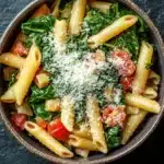 One pot pasta spinach - the image is a close-up of a bowl of pasta dish. the pasta appears to be penne, and it is cooked al dente. the dish is garnished with fresh greens, including spinach, cherry tomatoes, and parmesan cheese. the bowl is made of ceramic and is sitting on a dark grey textured surface. the overall color scheme of the dish is warm and inviting.
