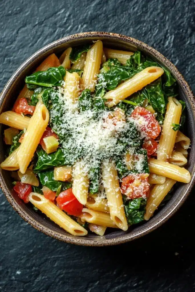 One pot pasta spinach - the image is a close-up of a bowl of pasta dish. the pasta appears to be penne, and it is cooked al dente. the dish is garnished with fresh greens, including spinach, cherry tomatoes, and parmesan cheese. the bowl is made of ceramic and is sitting on a dark grey textured surface. the overall color scheme of the dish is warm and inviting.