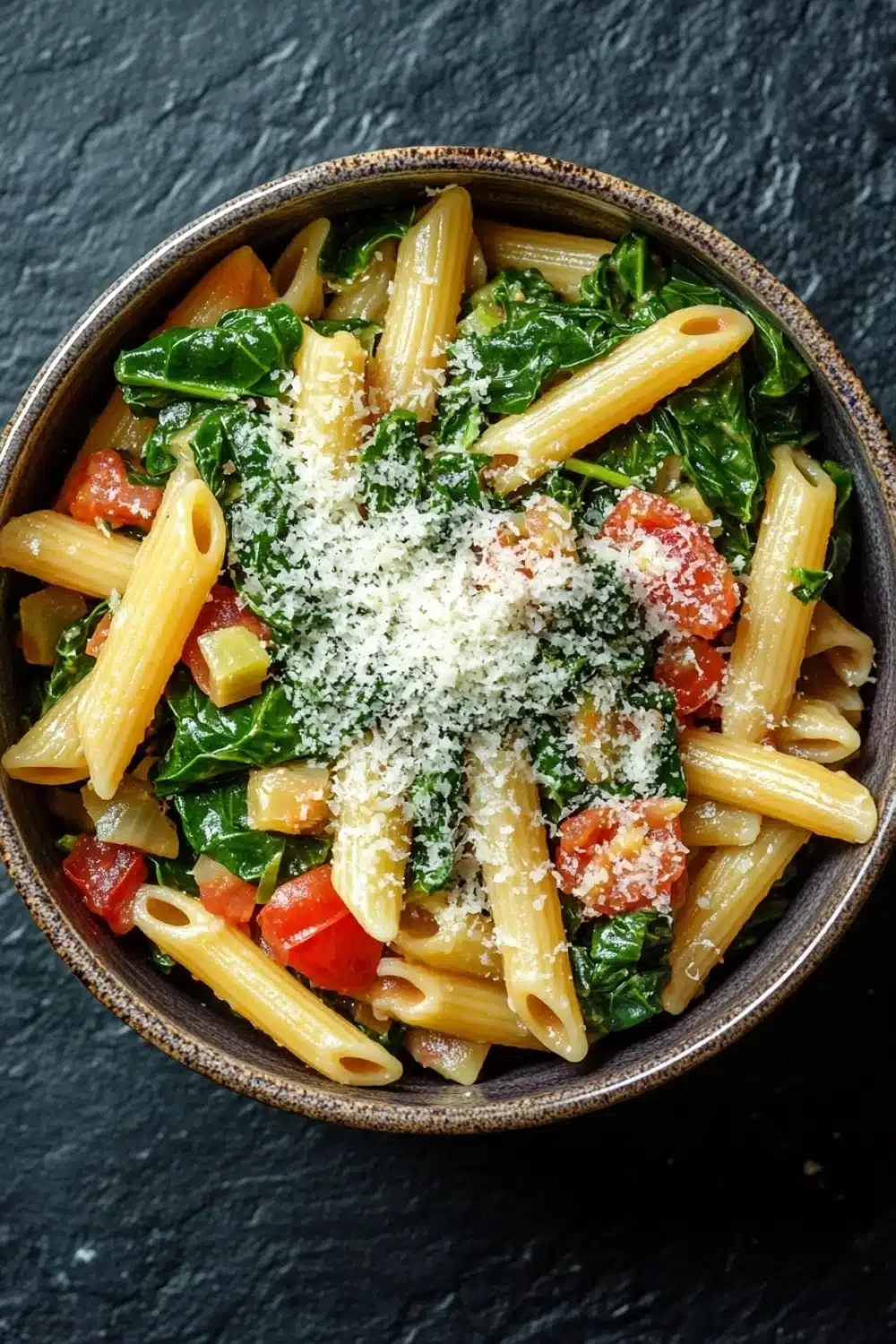 One pot pasta spinach - the image is a close-up of a bowl of pasta dish. the pasta appears to be penne, and it is cooked al dente. the dish is garnished with fresh greens, including spinach, cherry tomatoes, and parmesan cheese. the bowl is made of ceramic and is sitting on a dark grey textured surface. the overall color scheme of the dish is warm and inviting.