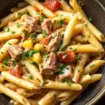 One pot pasta thunfisch - the image is a close-up of a bowl of pasta dish. the pasta appears to be penne, which is a type of penne pasta. it is cooked al dente and is garnished with chopped parsley and diced tomatoes. the dish is served in a dark brown bowl with a gold rim. the background is a wooden table. the overall color scheme of the dish is warm and inviting.
