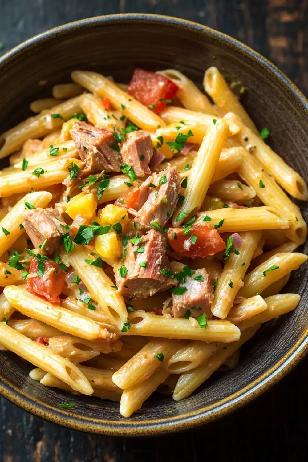 One pot pasta thunfisch - the image is a close-up of a bowl of pasta dish. the pasta appears to be penne, which is a type of penne pasta. it is cooked al dente and is garnished with chopped parsley and diced tomatoes. the dish is served in a dark brown bowl with a gold rim. the background is a wooden table. the overall color scheme of the dish is warm and inviting.