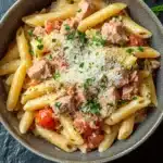 One pot pasta thunfisch - the image is a close-up of a bowl of pasta dish. the pasta appears to be penne, which is a type of penne pasta. it is cooked al dente and is topped with chunks of salmon, tomato sauce, and grated parmesan cheese. the dish is garnished with fresh parsley. the bowl is made of ceramic and is sitting on a dark grey textured surface. there are a few sprigs of parsley scattered around the bowl.