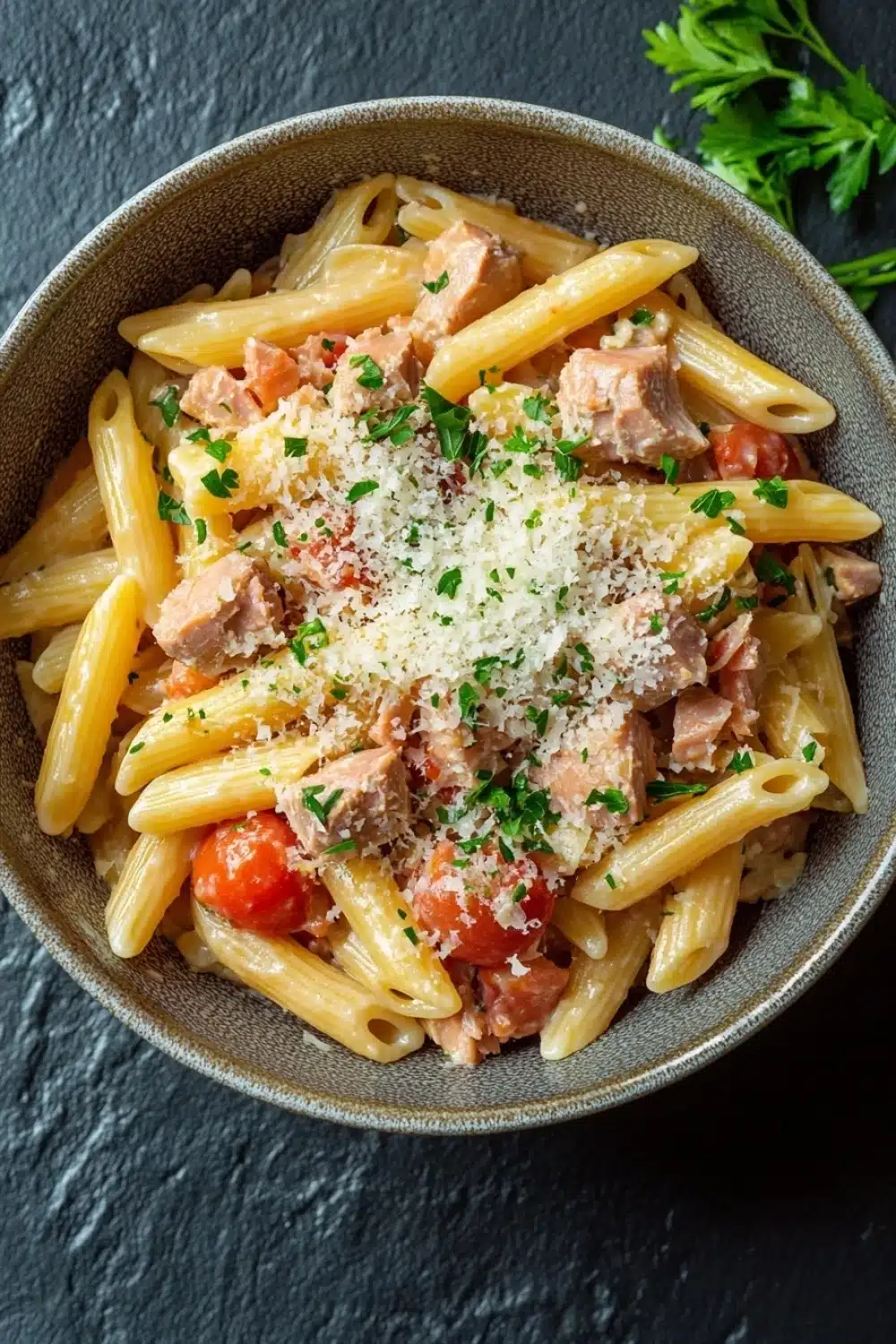 One pot pasta thunfisch - the image is a close-up of a bowl of pasta dish. the pasta appears to be penne, which is a type of penne pasta. it is cooked al dente and is topped with chunks of salmon, tomato sauce, and grated parmesan cheese. the dish is garnished with fresh parsley. the bowl is made of ceramic and is sitting on a dark grey textured surface. there are a few sprigs of parsley scattered around the bowl.