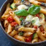 One pot pasta vegetarisch ofen - the image is a close-up of a bowl of pasta dish. the pasta appears to be penne, which is a type of penne pasta, and is cooked in a tomato-based sauce. the dish is garnished with sliced zucchini, mushrooms, and fresh basil leaves. the colors of the dish are vibrant and the texture looks fresh and appetizing. the bowl is made of dark wood and is sitting on a dark grey surface. there are a few sprigs of fresh basil scattered around the bowl, adding a pop of green to the dish.