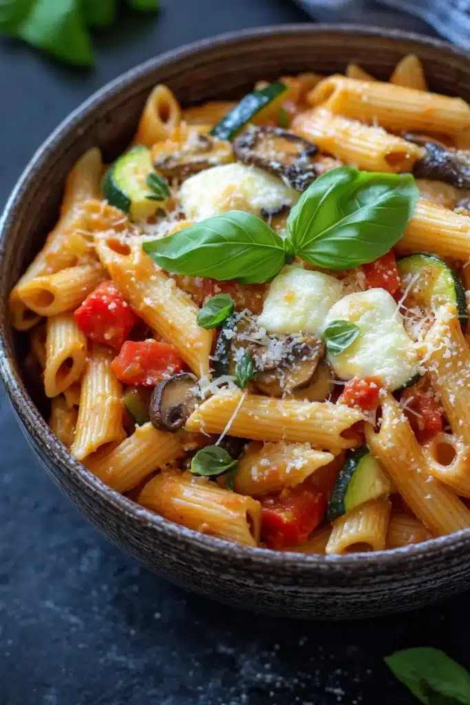 One pot pasta vegetarisch ofen - the image is a close-up of a bowl of pasta dish. the pasta appears to be penne, which is a type of penne pasta, and is cooked in a tomato-based sauce. the dish is garnished with sliced zucchini, mushrooms, and fresh basil leaves. the colors of the dish are vibrant and the texture looks fresh and appetizing. the bowl is made of dark wood and is sitting on a dark grey surface. there are a few sprigs of fresh basil scattered around the bowl, adding a pop of green to the dish.