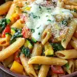 One pot pasta vegetarisch ofen - the image is a close-up of a bowl of pasta dish. the pasta appears to be penne, which is a type of penne pasta, and it is cooked al dente. the dish is garnished with chopped vegetables such as zucchini, bell peppers, and spinach. the vegetables are mixed in with a creamy sauce and topped with a dollop of parmesan cheese. the bowl is made of dark brown ceramic and is sitting on a wooden table. the overall color palette of the dish is warm and inviting.