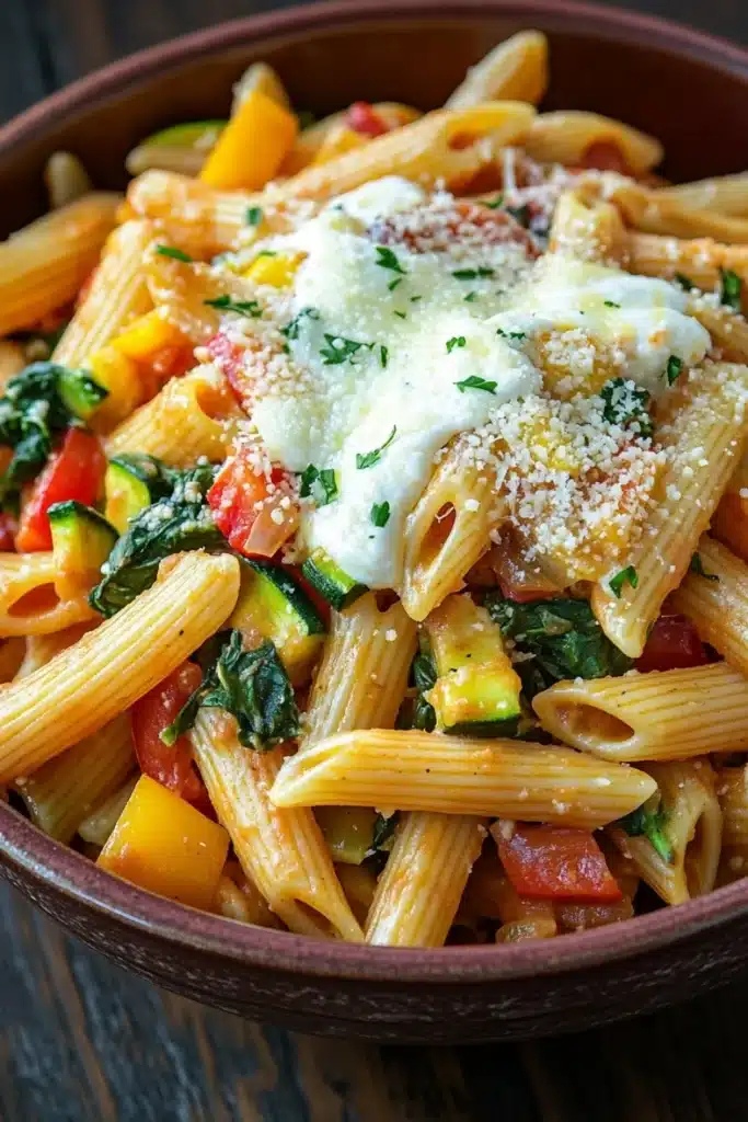 One pot pasta vegetarisch ofen - the image is a close-up of a bowl of pasta dish. the pasta appears to be penne, which is a type of penne pasta, and it is cooked al dente. the dish is garnished with chopped vegetables such as zucchini, bell peppers, and spinach. the vegetables are mixed in with a creamy sauce and topped with a dollop of parmesan cheese. the bowl is made of dark brown ceramic and is sitting on a wooden table. the overall color palette of the dish is warm and inviting.