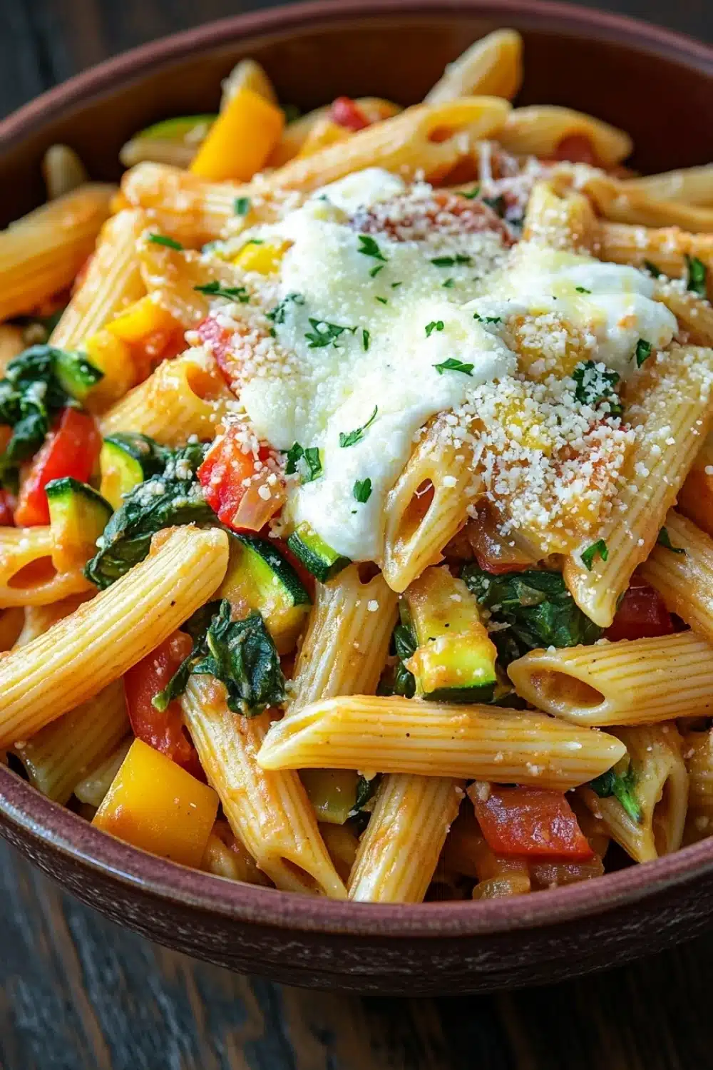 One pot pasta vegetarisch ofen - the image is a close-up of a bowl of pasta dish. the pasta appears to be penne, which is a type of penne pasta, and it is cooked al dente. the dish is garnished with chopped vegetables such as zucchini, bell peppers, and spinach. the vegetables are mixed in with a creamy sauce and topped with a dollop of parmesan cheese. the bowl is made of dark brown ceramic and is sitting on a wooden table. the overall color palette of the dish is warm and inviting.