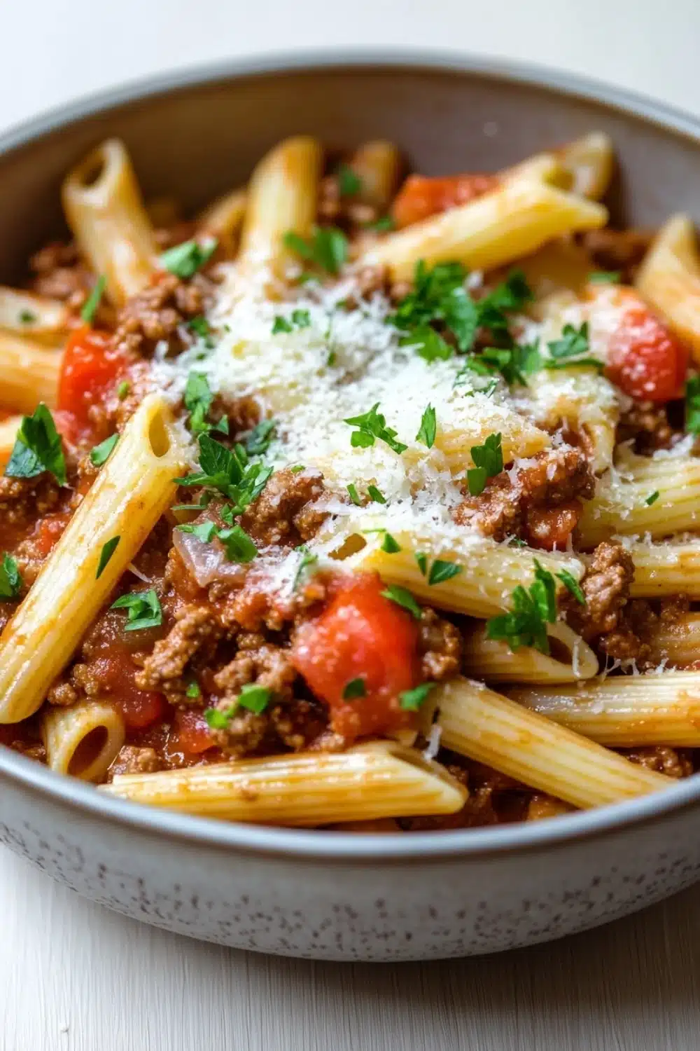 One pot pasta with meat sauce - the image is a close-up of a bowl of pasta dish. the pasta appears to be penne, which is a type of penne pasta. the dish is made with ground beef, tomato sauce, and chunks of tomato. the meat is cooked in a tomato-based sauce and is topped with grated parmesan cheese. there are also chunks of red bell peppers scattered throughout the dish, adding a pop of color. the bowl is white with a speckled pattern and is sitting on a wooden table.