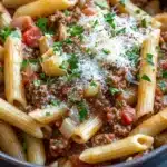 One pot pasta with meat sauce - the image shows a close-up of a bowl of penne pasta dish. the pasta is cooked al dente and is topped with a generous amount of ground beef, tomato sauce, and grated parmesan cheese. the dish is garnished with fresh parsley. the bowl is black and is sitting on a dark wooden table. the background is blurred, but it appears to be a kitchen countertop.