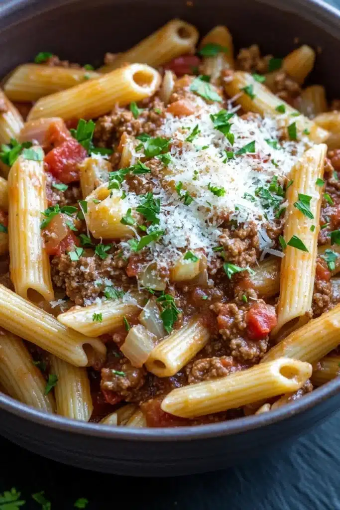 One pot pasta with meat sauce - the image shows a close-up of a bowl of penne pasta dish. the pasta is cooked al dente and is topped with a generous amount of ground beef, tomato sauce, and grated parmesan cheese. the dish is garnished with fresh parsley. the bowl is black and is sitting on a dark wooden table. the background is blurred, but it appears to be a kitchen countertop.