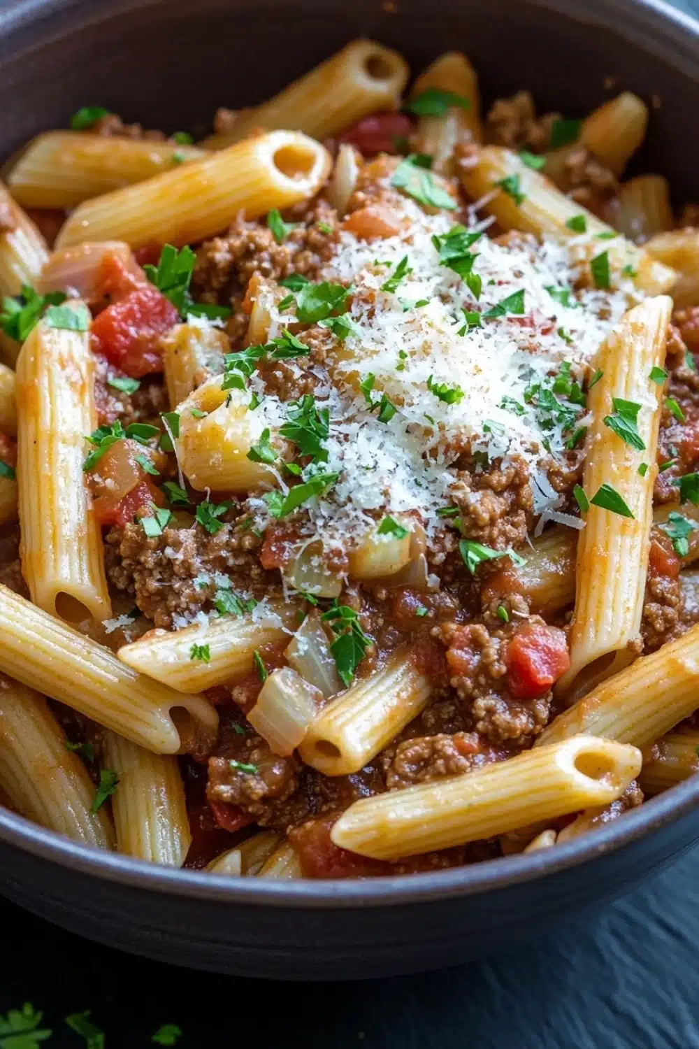 One pot pasta with meat sauce - the image shows a close-up of a bowl of penne pasta dish. the pasta is cooked al dente and is topped with a generous amount of ground beef, tomato sauce, and grated parmesan cheese. the dish is garnished with fresh parsley. the bowl is black and is sitting on a dark wooden table. the background is blurred, but it appears to be a kitchen countertop.