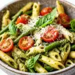 One pot pesto pasta - the image is a close-up of a bowl of pasta salad. the bowl is made of ceramic and has a speckled pattern. the pasta is penne, which is a type of penne pasta, and it is mixed with green beans, cherry tomatoes, and basil leaves. the dish is garnished with grated parmesan cheese. the colors of the ingredients are vibrant and the dish looks fresh and appetizing. the background is a white marble countertop.
