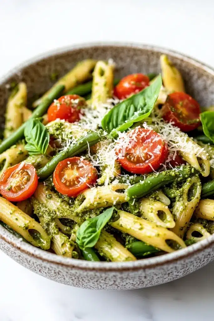 One pot pesto pasta - the image is a close-up of a bowl of pasta salad. the bowl is made of ceramic and has a speckled pattern. the pasta is penne, which is a type of penne pasta, and it is mixed with green beans, cherry tomatoes, and basil leaves. the dish is garnished with grated parmesan cheese. the colors of the ingredients are vibrant and the dish looks fresh and appetizing. the background is a white marble countertop.
