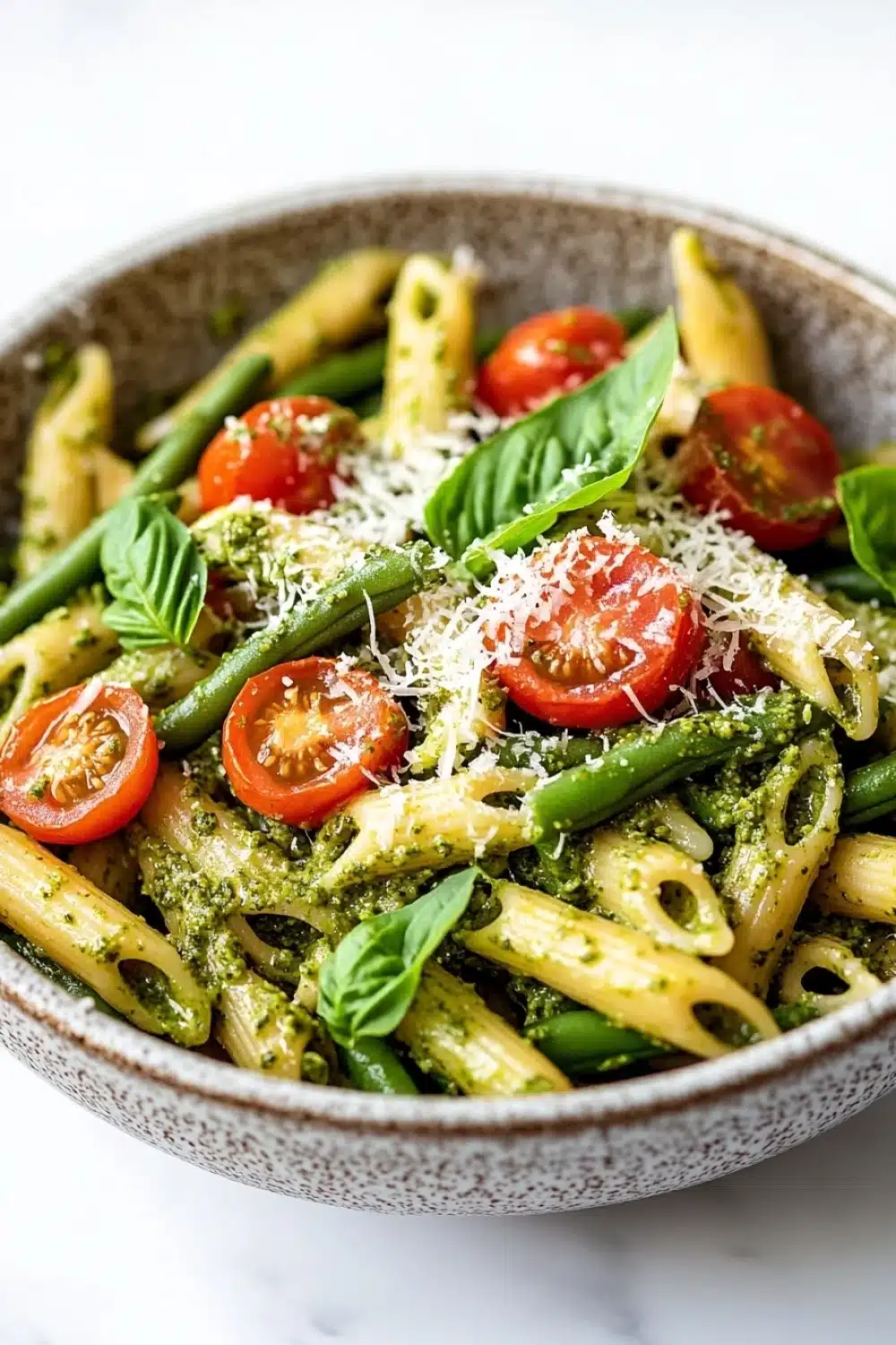 One pot pesto pasta - the image is a close-up of a bowl of pasta salad. the bowl is made of ceramic and has a speckled pattern. the pasta is penne, which is a type of penne pasta, and it is mixed with green beans, cherry tomatoes, and basil leaves. the dish is garnished with grated parmesan cheese. the colors of the ingredients are vibrant and the dish looks fresh and appetizing. the background is a white marble countertop.