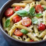 One pot pesto pasta - the image is a close-up of a bowl of pasta dish. the pasta appears to be penne, which is a type of penne pasta, and is cooked al dente. it is topped with sliced cherry tomatoes, fresh basil leaves, and grated parmesan cheese. the dish is garnished with a sprinkle of herbs and spices. the bowl is made of dark brown ceramic and is sitting on a dark grey countertop. there are a few basil leaves scattered around the bowl, adding a pop of green color to the dish.
