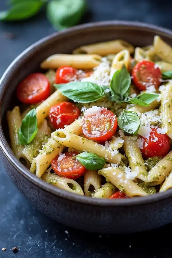 One pot pesto pasta - the image is a close-up of a bowl of pasta dish. the pasta appears to be penne, which is a type of penne pasta, and is cooked al dente. it is topped with sliced cherry tomatoes, fresh basil leaves, and grated parmesan cheese. the dish is garnished with a sprinkle of herbs and spices. the bowl is made of dark brown ceramic and is sitting on a dark grey countertop. there are a few basil leaves scattered around the bowl, adding a pop of green color to the dish.